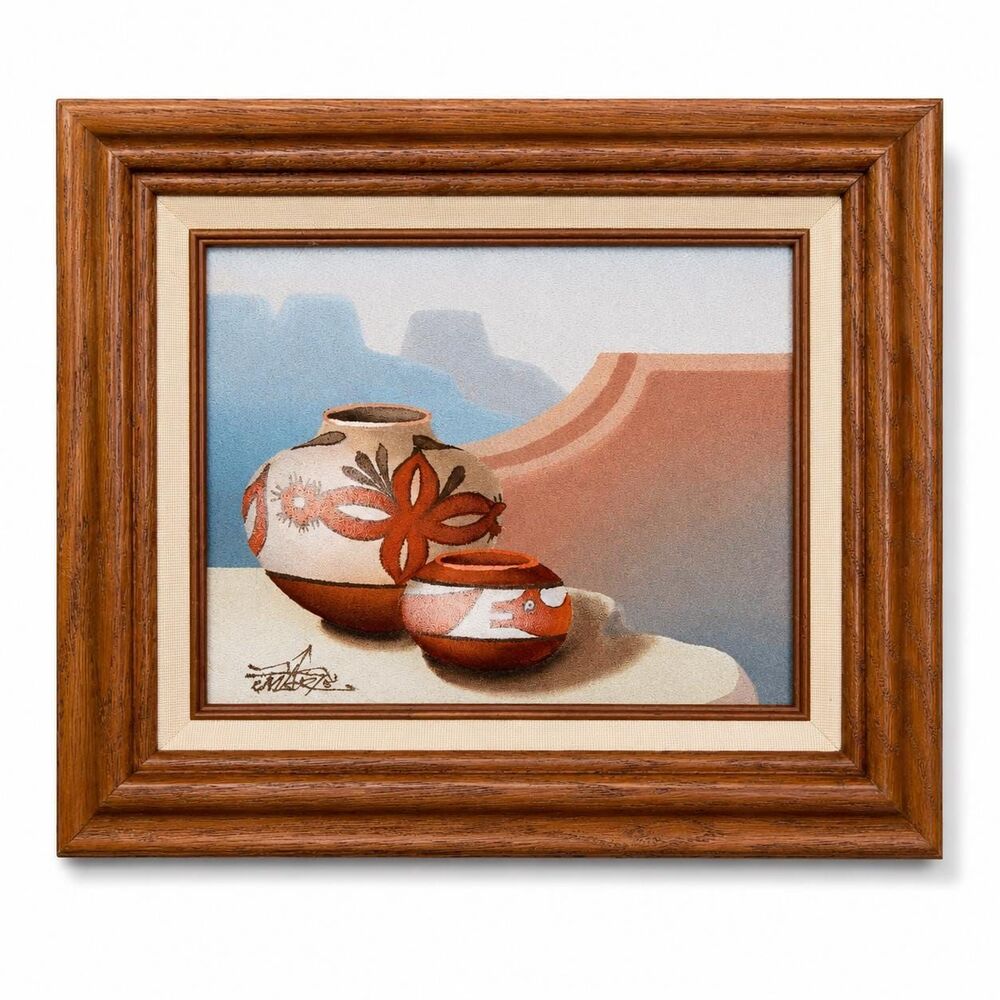 Myung Mario Jung Sand Painting: Acoma Pueblo Pottery, Desert Wall Art, Signed Vi